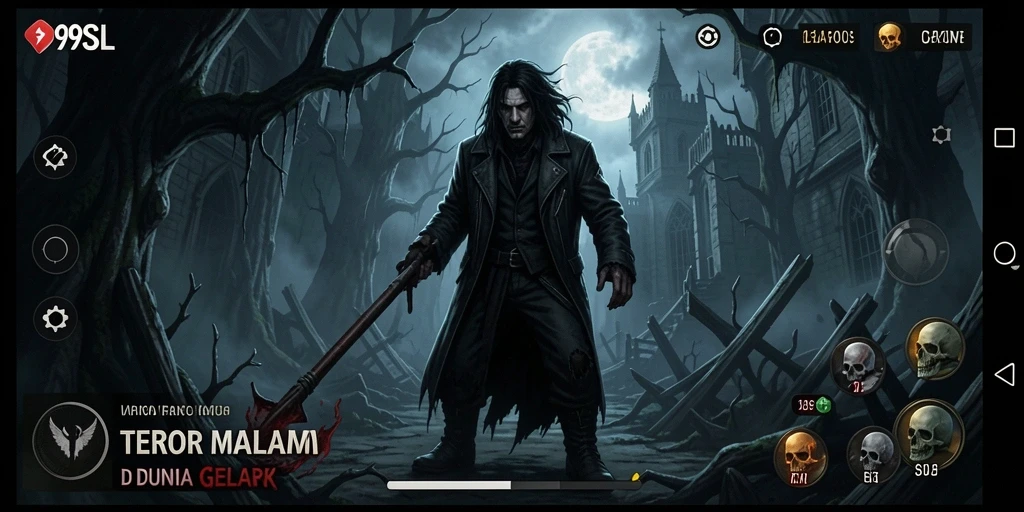 Tampilan gameplay menegangkan 99SL di dunia horor yang gelap.