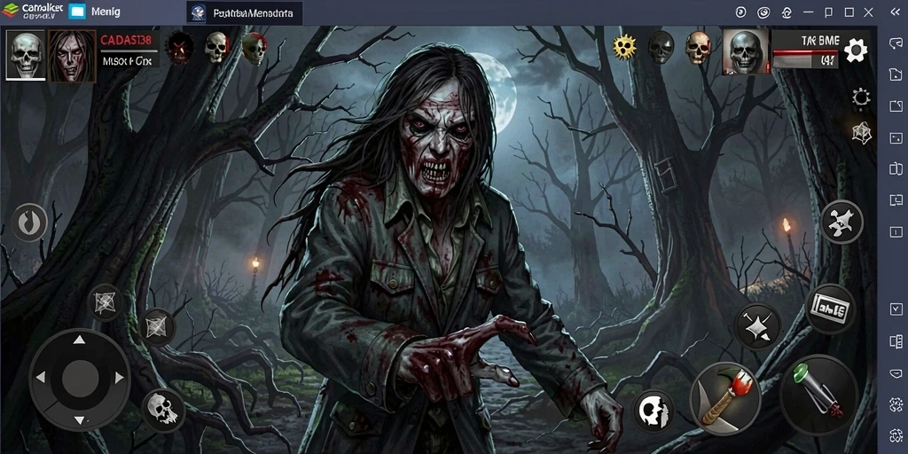 Menampilkan gameplay mencekam dengan suasana gelap yang intens.