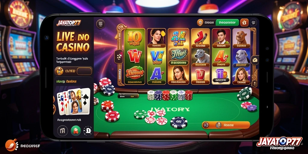 Screenshot gameplay JAYATOP77 yang menunjukkan dealer dan ruang permainan Live Casino.