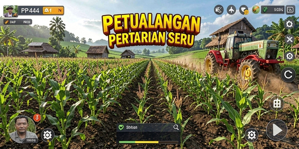 Screenshot gameplay PP444 menampilkan suasana pertanian yang hidup dan interaktif.