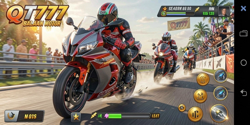 Tampilan gameplay balapan motor yang mendebarkan dan seru di QT777.